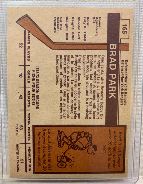 1973-74 O-PEE-CHEE HOCKEY #165 NEW YORK RANGERS - BRAD PARK CARD RAW