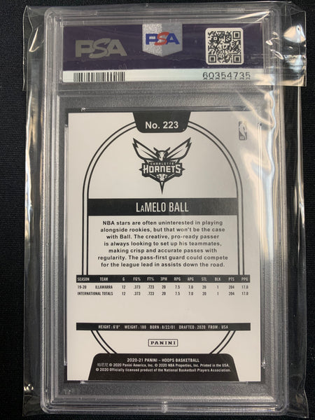 2020-2021 PANINI NBA HOOPS BASKETBALL #223 CHARLOTTE HORNETS - LAMELO BALL ROOKIE CARD GRADED PSA 10 GEM MT