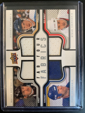 2009-10 UPPER DECK SERIES 2 HOCKEY #F4F-GRTS - FAB FOUR FABRICS GRETZKY/CROSBY/MESSIER/YZERMAN GAME USED NUMBERED 030/100