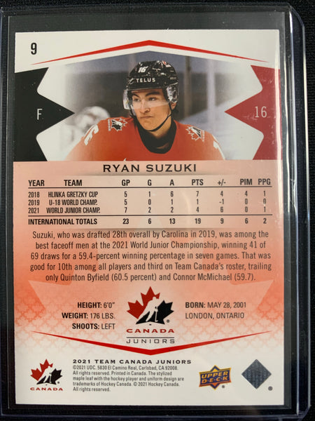 2021 UPPER DECK TEAM CANADA JUNIORS HOCKEY #9 - RYAN SUZUKI EXCLUSIVES RED PARALLEL NUMBERED 092/250