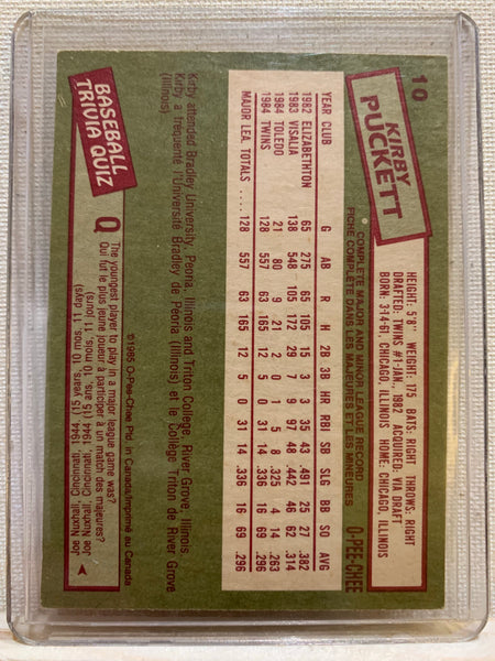 1985-86 O-PEE-CHEE BASEBALL #10 MINNESOTA TWINS - KIRBY PUCKETT ROOKIE CARD RAW