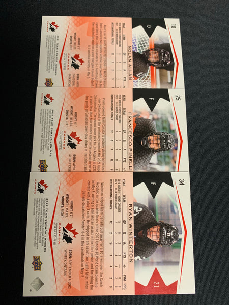 2021 UPPER DECK TEAM CANADA JUNIORS HOCKEY RED EXCLUSIXES LOT /250 - NOLAN ALLAN #18, FRANCESCO PINELLI #25 , RYAN WINTERTON #34