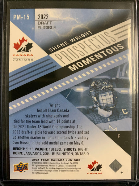 2021 UPPER DECK TEAM CANADA JUNIORS HOCKEY #PM-15 - SHANE WRIGHT PROSPECTUS ELECTRIC BLUE PARALLEL NUMBERED 38/49