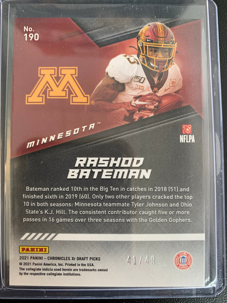 2021 PANINI CHRONICLES DRAFT PICKS FOOTBALL #190 BALTIMORE RAVENS - RASHOD BATEMAN CHRONICLES XR PARALLEL ROOKIE CARD NUMBERED 41/49