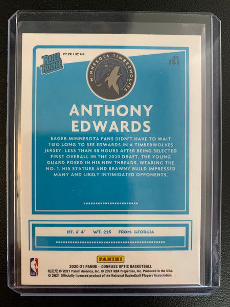 2020-2021 PANINI DONRUSS OPTIC NBA BASKETBALL #151 MINNESOTA TIMERWOLVES - ANTHONY EDWARDS OPTIC SILVER PRIZM SP RATED ROOKIE CARD