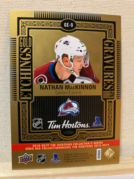 2018-19 TIM HORTONS HOCKEY #GE-9 COLORADO AVALANCHE - GOLD ETCHINGS NATHAN MACKINNON CARD RAW