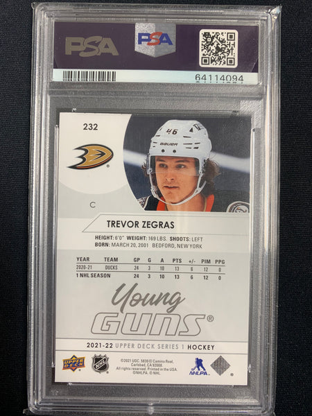 2021-22 UPPER DECK S1 HOCKEY #232 ANAHEIM DUCKS - TREVOR ZEGRAS YOUNG GUNS ROOKIE CARD GRADED PSA 9 MINT