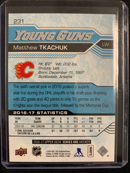 2016-17 UPPER DECK HOCKEY #231 CALGARY FLAMES - MATTHEW TKACHUK YOUNG GUNS ROOKIE CARD