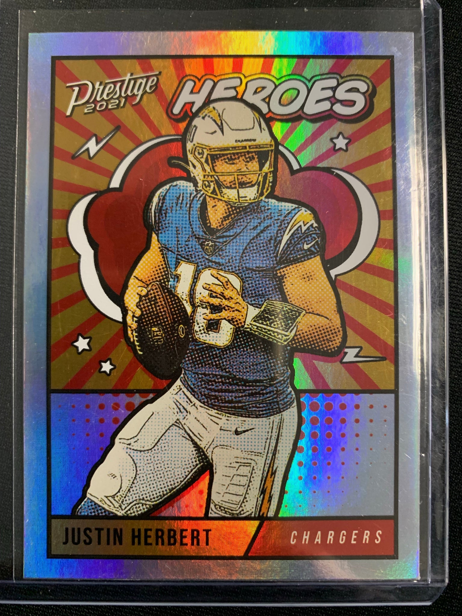 2021 PANINI PRESTIGE NFL FOOTBALL #HE-4 LOS ANGELES CHARGERS - JUSTIN HERBERT HEROES FOIL INSERT CARD