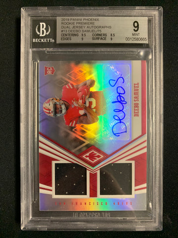 2019 PANINI PHOENIX FOOTBALL #13 SAN FRANCISCO 49ERS - DEEBO SAMUEL ROOKIE PREMIERE DUAL JERSEY AUTOGRPAHS NUMBERED 65/75 GRADED BGS 9 /10 AUTO