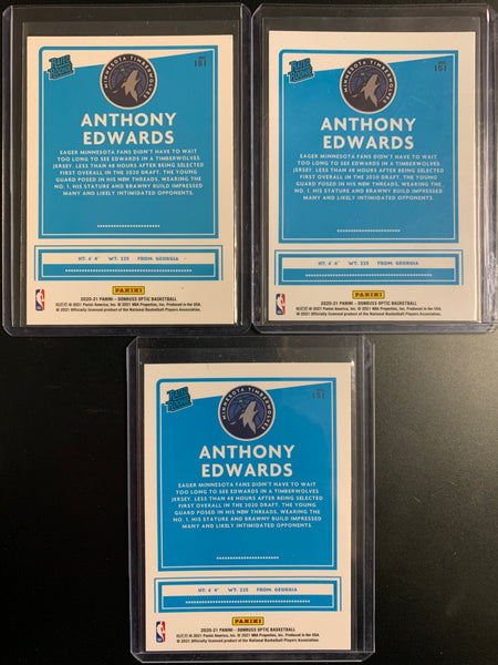 2020-2021 PANINI DONRUSS OPTIC NBA BASKETBALL MINNESOTA TIMBERWOLVES #151 - ANTHONY EDWARDS RATED ROOKIE 3 CARD LOT