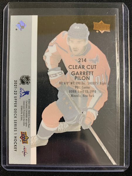 2021-22 UPPER DECK S1 HOCKEY #214 WASHINGTON CAPITALS - GARRETT PILON CLEAR CUT YOUNG GUNS ROOKIE CARD