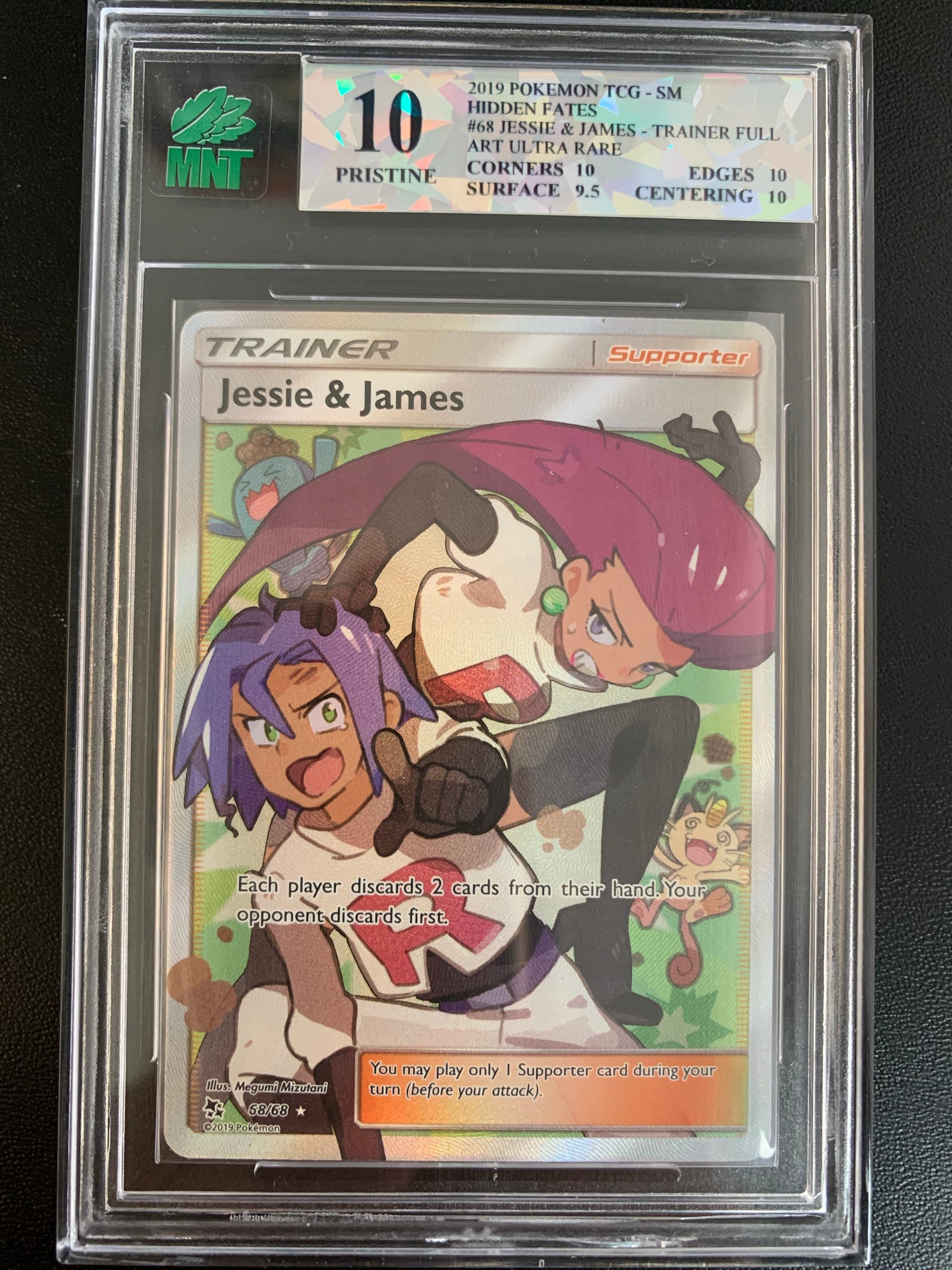 POKEMON SUN & MOON HIDDEN FATES #68 JESSIE & JAMES TRAINER FULL ART ULTRA RARE GRADED MNT 10 PRISTINE