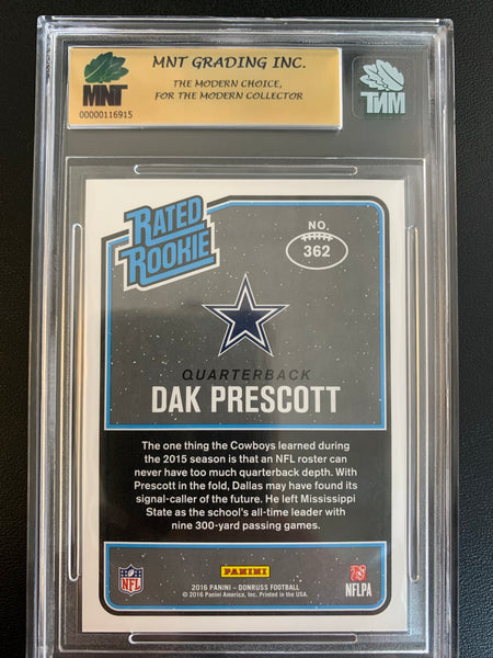 2016 PANINI DONRUSS FOOTBALL #362 DALLAS COWBOYS - DAK PRESCOTT RATED ROOKIE CARD GRADED MNT 9.0 MINT