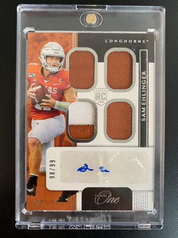 2021 PANINI CHRONICLES DRAFT PICKS FOOTBALL #QP-SEL INDIANAPOLIS COLTS - SAM EHLINGER PANINI ONE QUAD PATCH AUTO ROOKIE CARD NUMBERED 98/99