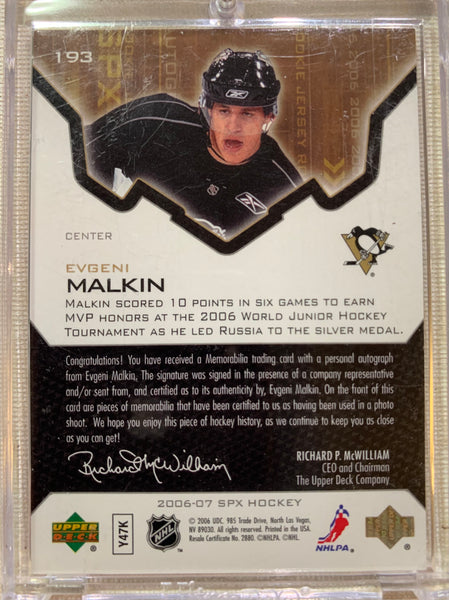 2006-07 UPPER DECK HOCKEY #193 PITTSBURGH PENGUINS - EVGENI MALKIN SPX AUTOGRAPHED JERSEY ROOKIE CARD RAW