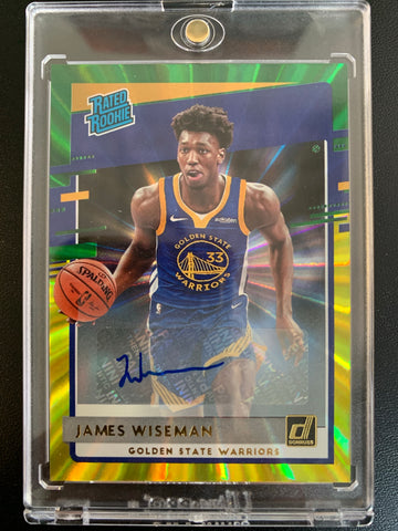 2020-2021 PANINI DONRUSS NBA BASKETBALL #226 GOLDEN STATE WARRIORS - JAMES WISEMAN DONRUSS GREEN YELLOW LASER SP RATED AUTOGRAPHED ROOKIE CARD