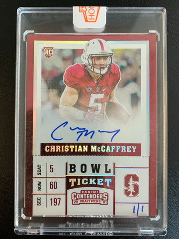2020 PANINI HONORS FOOTBALL #107 CAROLINA PANTHERS - CHRISTIAN MCCAFFREY 2017 CONTENDERS BOWL TICKET AUTOGRAPHED ROOKIE AND NUMBERED 1 OF 1