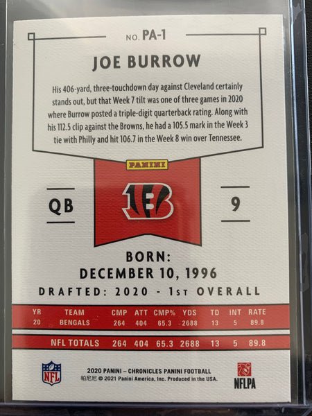 2020 PANINI CHRONICLES PANINI FOOTBALL #PA-1 CINCINNATI BENGALS - JOE BURROW ROOKIE CARD