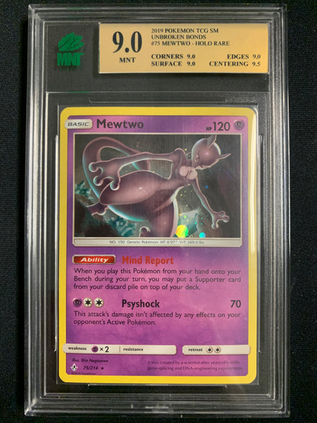 2019 POKEMON S&M UNBROKEN BONDS MEWTWO HOLO RARE - 75/214 GRADED MNT 9.0 MINT
