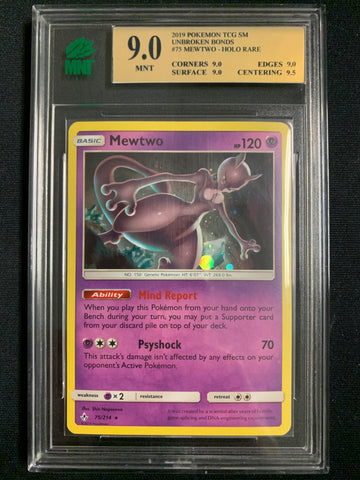 2019 POKEMON S&M UNBROKEN BONDS MEWTWO HOLO RARE - 75/214 GRADED MNT 9.0 MINT