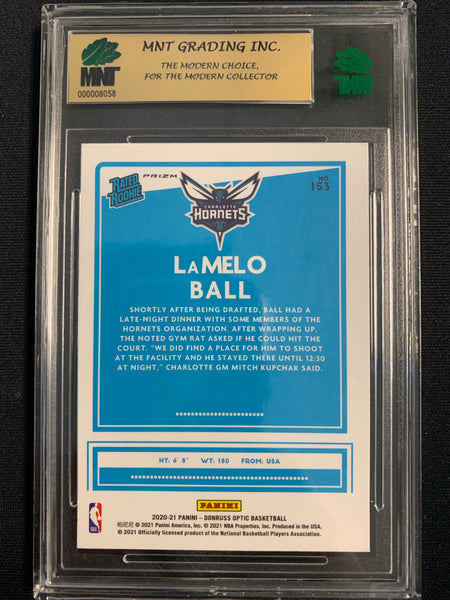 2020-2021 PANINI DONRUSS OPTIC NBA BASKETBALL #153 CHARLOTTE HORNETS - LAMELO BALL BLUE VELOCITY PRIZM RATED ROOKIE CARD GRADED MNT 9.0 MINT
