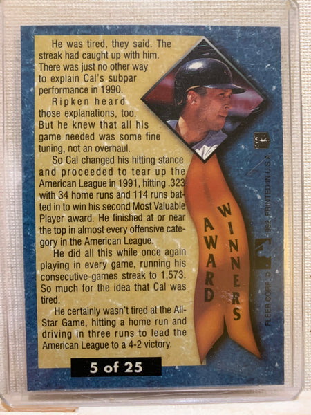 1992-93 FLEER ULTRA BASEBALL #5 OF 25 - CAL RIPKEN JR AL MVP CARD RAW