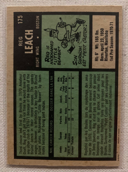1971-72 O-PEE-CHEE HOCKEY #175 BOSTON BRUINS - REG LEACH ROOKIE CARD RAW