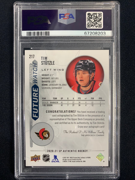 2020-21 UD SP AUTHENTIC HOCKEY #217 OTTAWA SENATORS - TIM STUTZLE FUTURE WATCH AUTO ROOKIE CARD NUMBERED 453/999 GRADED PSA 10 GEM MINT