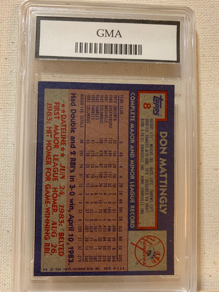 1984-85 TOPPS BASEBALL #8 NEW YORK YANKEES - DON MATTINGLY ROOKIE CARD GRADED GMA GEM MINT 10