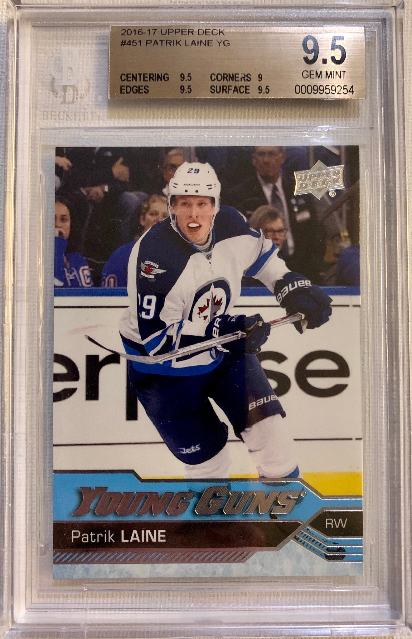 2016-17 UPPER DECK HOCKEY #451 WINNIPEG JETS - PATRICK LAINE ROOKIE CARD GRADED BGS 9.5 GEM MINT