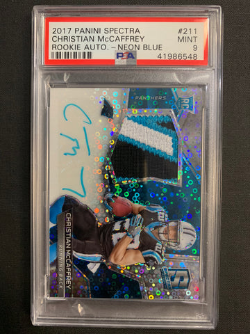 2017 PANINI SPECTRA FOOTBALL #211 CAROLINA PANTHERS - CHRISTIAN MCCAFFREY ROOKIE AUTO PATCH NEON BLUE 75/75 GRADED PSA 9 MINT