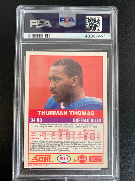 1989 SCORE FOOTBALL #211 BUFFALO BILLS - THURMAN THOMAS ROOKIE CARD GRADED PSA 8 NM-MT