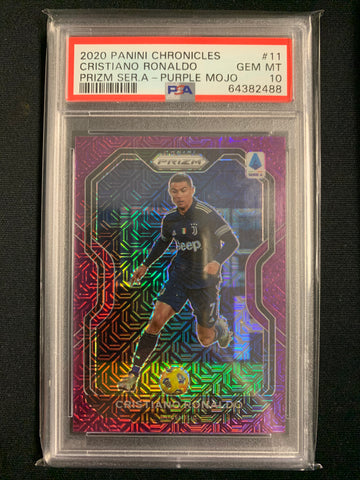 2020 PANINI CHRONICLES SOCCER #11 CRISTIANO RONALDO PRIZM SERIE A PURPLE MOJO GRADED PSA 10 GEM MT