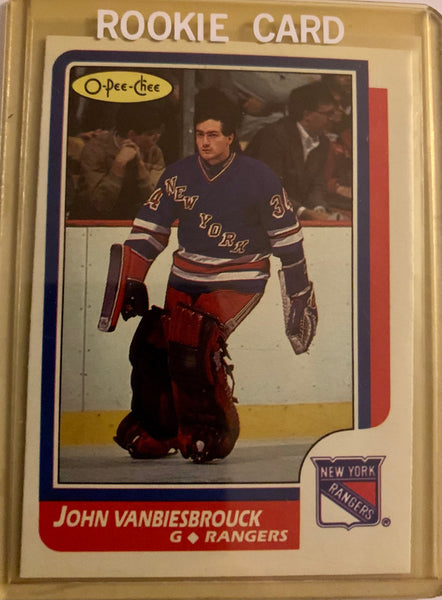 1986-87 O-PEE-CHEE HOCKEY #9 NEW YORK RANGERS - JOHN VANBIESBROUCK ROOKIE CARD RAW
