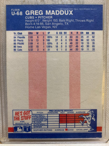 1987-88 FLEER BASEBALL UPDATE #U-68 - GREG MADDUX ROOKIE CARD RAW