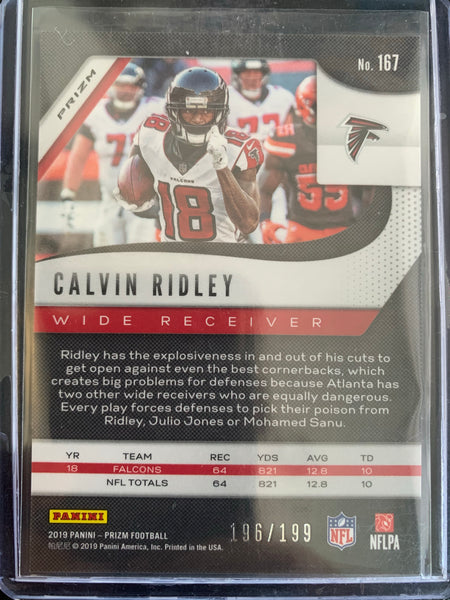 2019 PANINI PRIZM FOOTBALL #167 ATLANTA FALCONS - CALVIN RIDLEY BLUE PRIZM NUMBERED 196/199