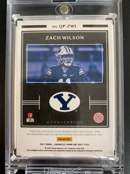 2021 PANINI CHRONICLES DRAFT PICKS FOOTBALL #QP-ZWL NEW YORK JETS - ZACH WILSON PANINI ONE QUAD PATCH ROOKIE AUTO NUMBERED 73/99