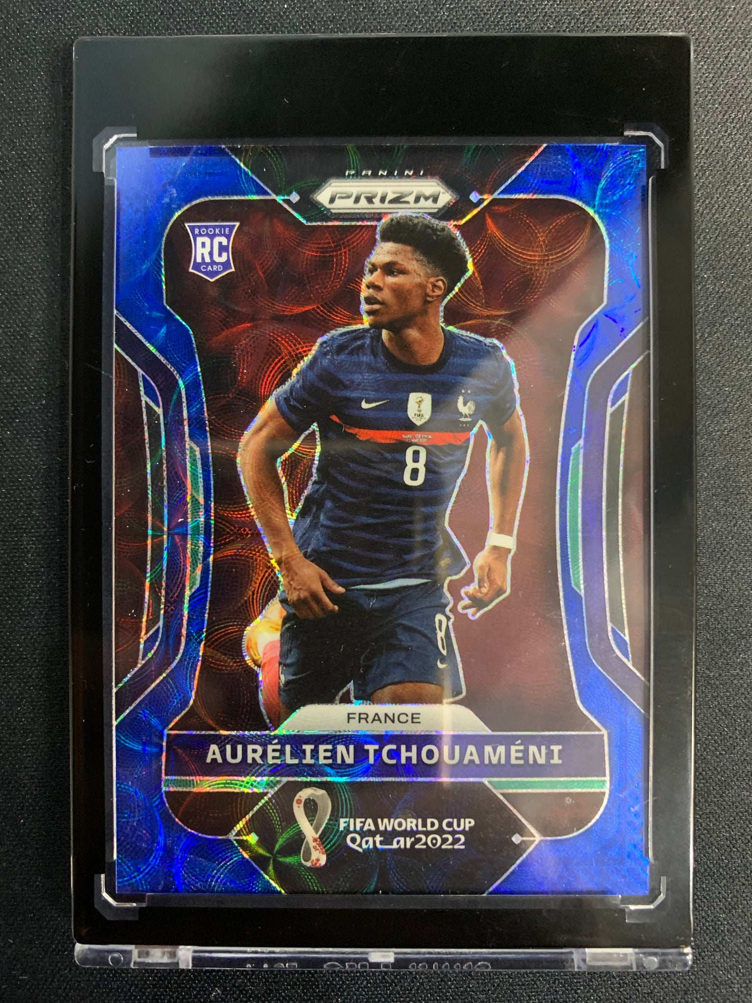 2022 PANINI PRIZM FIFA WORLD CUP QATAR SOCCER #97 FRANCE - AURELIEN TCHOUAMENI PRIZM CHOICE BLUE ROOKIE CARD NUMBERED 001/135