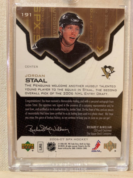 2006-07 SPX HOCKEY #191 PITTSBURGH PENGUINS - JORDAN STAAL AUTO JERSEY ROOKIE CARD RAW