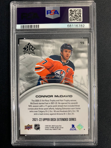 2021 UPPER DECK EXTENDED HOCKEY #15 EDMONTON OILERS - CONNOR MCDAVID EMERALD REFLECTIONS INSERT NUMBERED 098/100 GRADED PSA 9 MINT