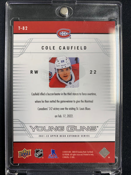 2021-22 UPPER DECK EXTENDED SERIES HOCKEY #T-82 MONTREAL CANADIENS - COLE CAUFIELD RETRO YOUNG GUNS ROOKIE CARD