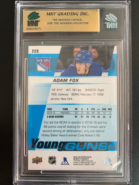 2019-20 UPPER DECK HOCKEY #228 NEW YORK RANGERS - ADAM FOX YOUNG GUNS ROOKIE CARD GRADED MNT 9.0 MINT
