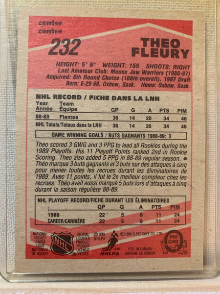 1989-90 O-PEE-CHEE HOCKEY #232 CALGARY FLAMES - THEOREN FLEURY ROOKIE CARD RAW