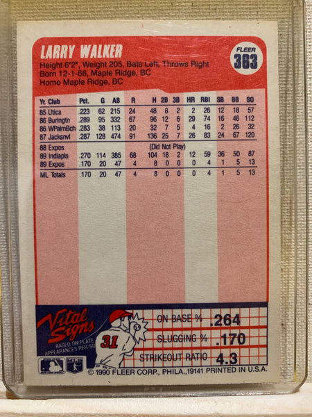 1990-91 FLEER BASEBALL #363 - LARRY WALKER ROOKIE CARD RAW