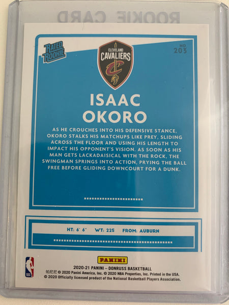 2020-2021 PANINI DONRUSS NBA BASKETBALL #203 CLEVELAND CAVALIERS - ISAAC OKORO DONRUSS RATED ROOKIE CARD
