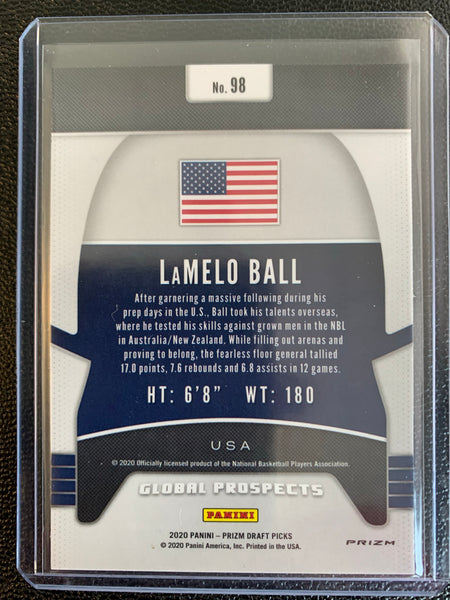 2020 PANINI PRIZM DRAFT PICKS BASKETBALL #98 CHARLOTTE HORNETS - LAMELO BALL RED WHITE AND BLUE PRIZM GLOBAL PROSPECTS ROOKIE CARD