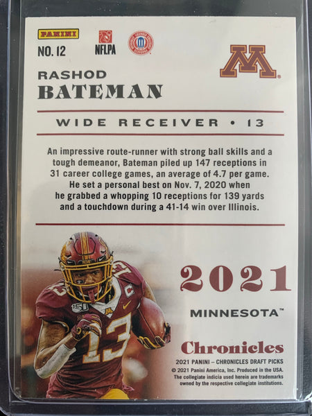 2021 PANINI CHRONICLES DRAFT PICKS FOOTBALL #12 BALTIMORE RAVENS - RASHOD BATEMAN CHRONICLES CHRONICLES ROOKIE CARD