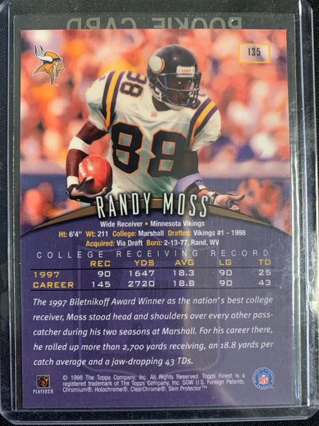 1998 TOPPS FINEST NFL FOOTBALL #135 MINNESOTA VIKINGS - RANDY MOSS FINEST ROOKIE CARD - PROTECTIVE COATING STILL ON - MINT