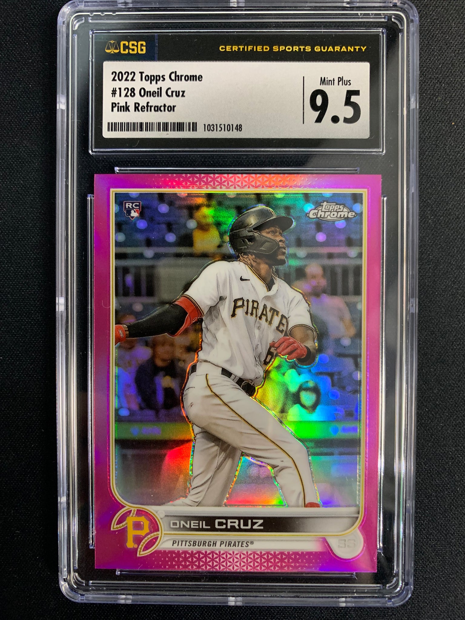 2022 TOPPS CHROME BASEBALL #128 PITTSBURGH PIRATES - ONEIL CRUZ PINK REFRACTOR ROOKIE CARD GRADED CSG 9.5 MINT +